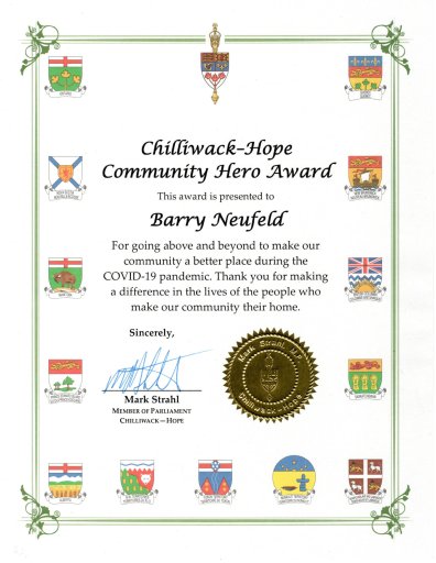 The award presented to Barry Neufeld. Posted on Neufeld’s Facebook page.