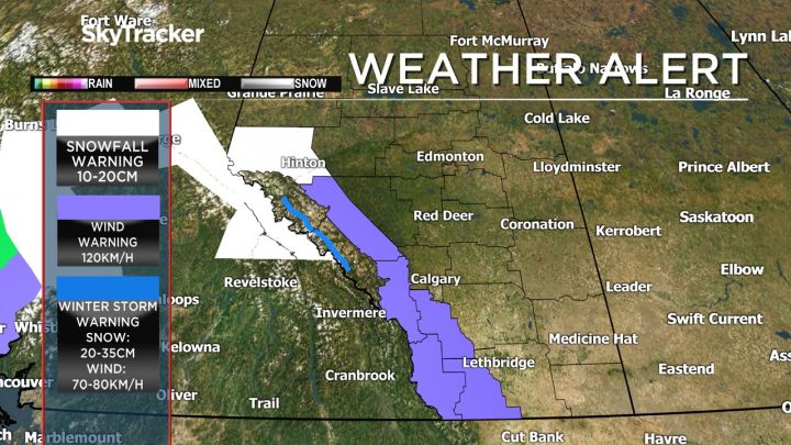 Wind, winter storm and snowfall warnings issued for parts of western Alberta