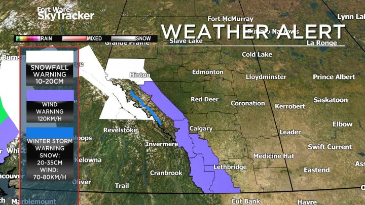 A map showing areas in Alberta that were under a weather warning on Thursday night.