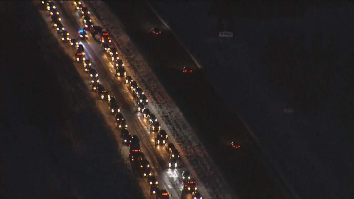 Traffic backed up in the eastbound lanes of Highway 16A at Range Road 261 due to a serious two-vehicle crash Wednesday, Nov. 25, 2020.