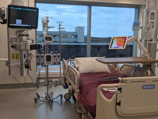 The view from inside one of the critical care unit rooms. MyCare bedside tablets will be available to all inpatient units at the hospital.