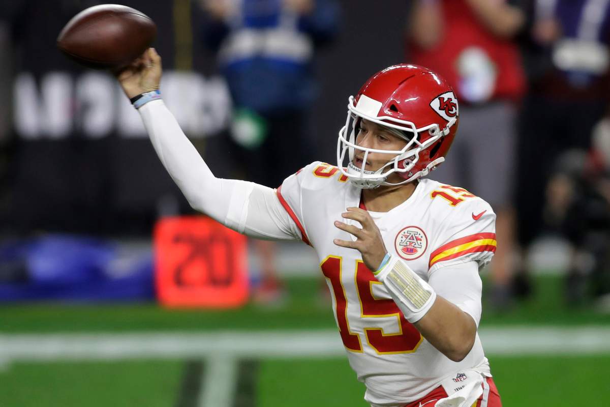 Kansas City Chiefs quarterback Patrick Mahomes (15) throws against the Las Vegas Raiders during the first half of an NFL football game, Sunday, Nov. 22, 2020, in Las Vegas.