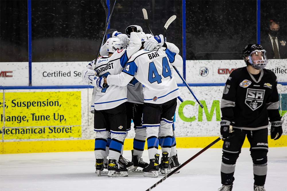 The Penticton Vees celebrate a goal during Okanagan Cup action on Nov. 13 against Salmon Arm. On Nov. 28, the Vees announced that a team member has tested positive for COVID-19.