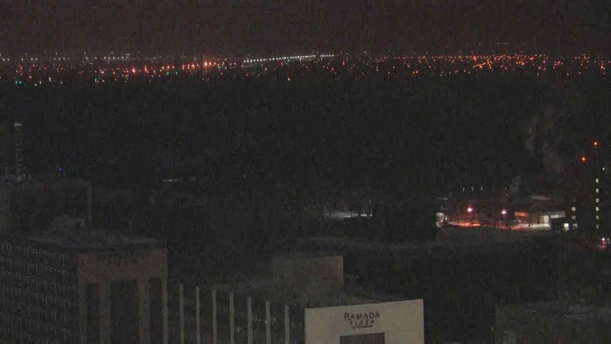 Downtown Regina is seen without power on Monday at around 9:30 p.m. 