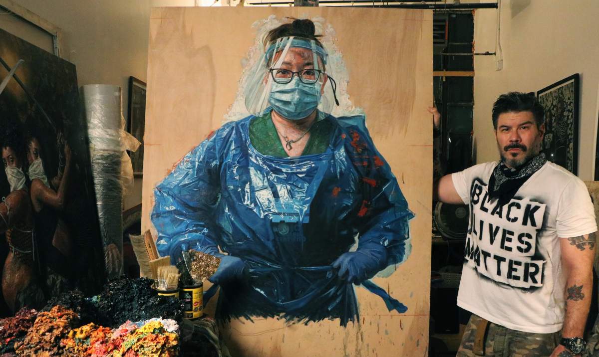 Tim Okamura with “PPE Healthcare Heroes” in progress.