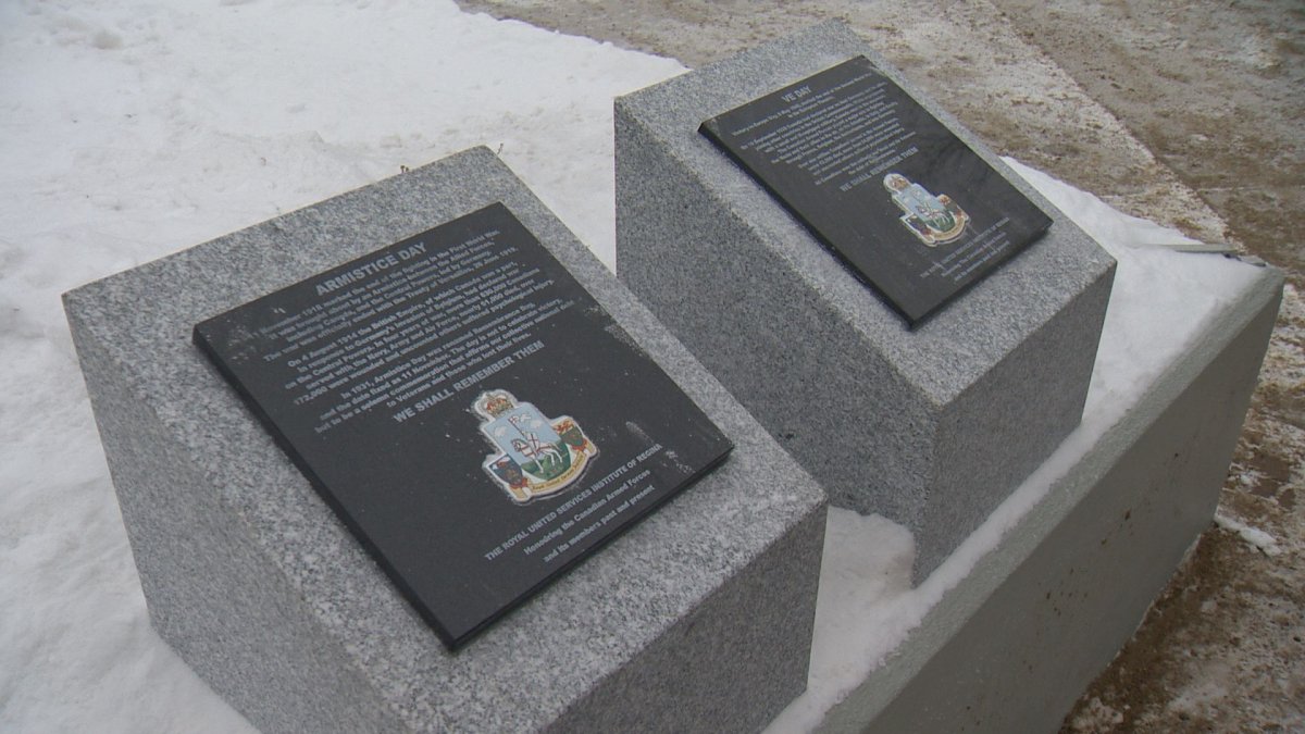 These two pedestals about Armistice Day and VE DAY are part of Regina's Royal United Services Institute's new project to preserve military history. They were installed near the cenotaph in Victoria Park in time for Remembrance Day Wednesday.   