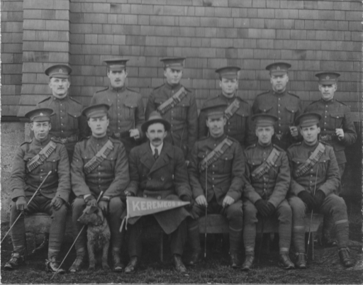 This photo shows the Keremeos recruits in 1914. Sid Edwards, the first Hedley Boy to be killed in action, is on the far right top row. On the far left top row is Bob McCurdy, who was badly wounded at the Battle of Festubet, the same action that saw Sid Edwards killed by shellfire. Sid Edwards has no known grave while Bob McCurdy died in 1919 in Hedley and is buried in Keremeos Cemetery.