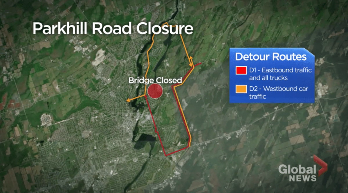 Detours for the closure of the Warsaw Swing Bridge in Peterborough\’s northeast end.