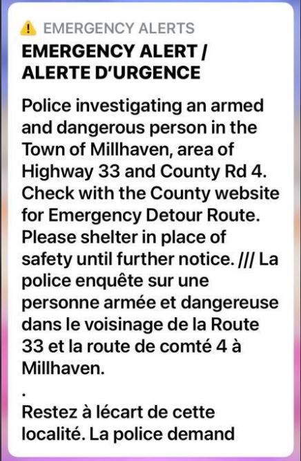 Alert Ready bulletin sent by OPP East Region Thursday night