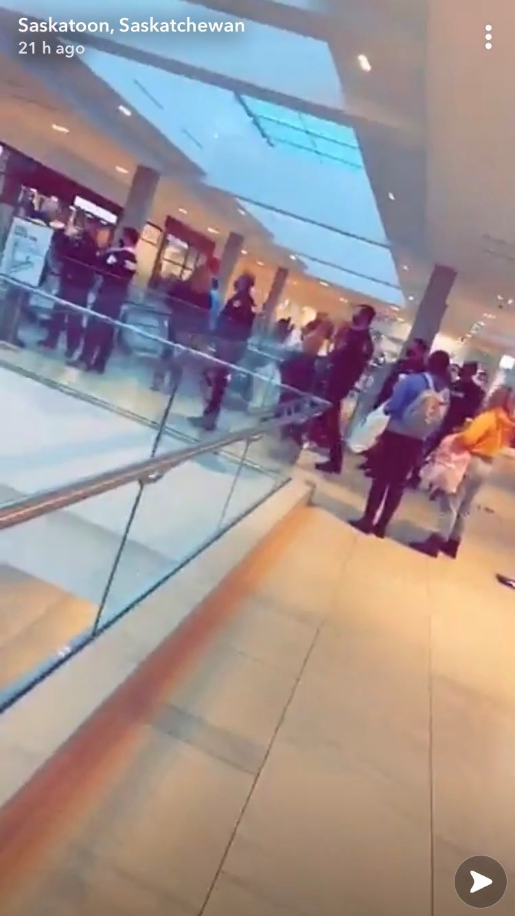 Around 30 people marched into Saskatoon's Midtown shopping mall on Nov. 7, 2020, demonstrating against the province's mandatory mask policy.