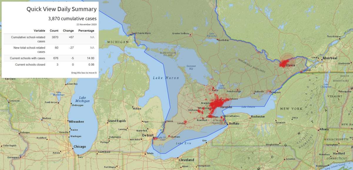 Hovering on a bubble shows how many cases there are as well as social background information for the school. 