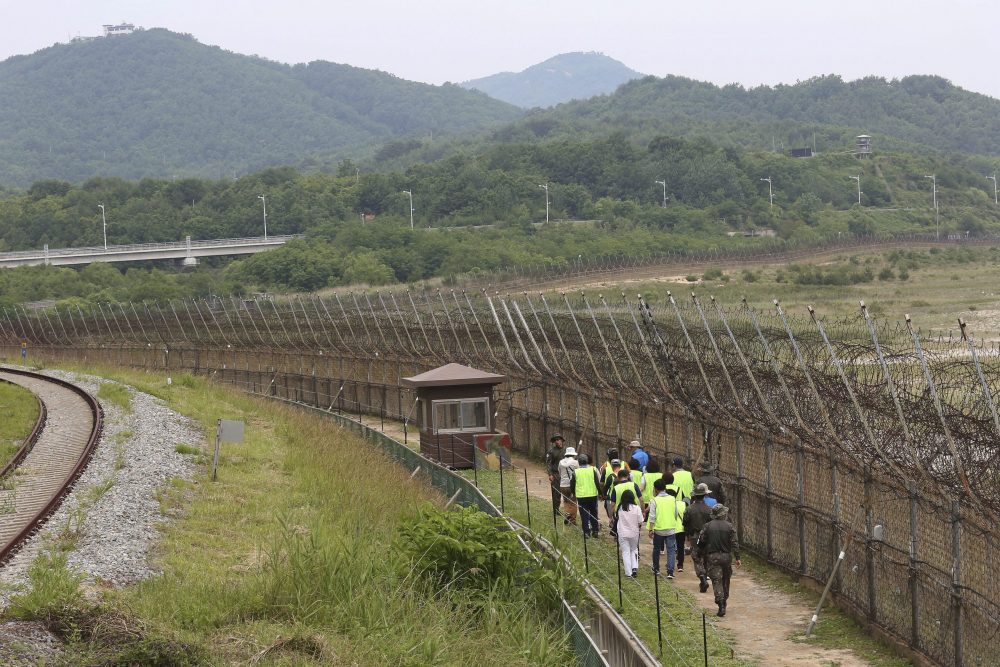 Hikers walk along the DMZ Peace Trail in the demilitarized zone in Goseong, South Korea, Friday, June 14, 2019. 