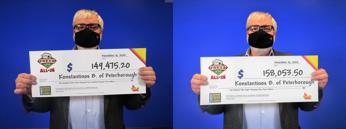 Konstantinos (Kosta) Bouzinelos of Peterborough twice won the Poker Lotto All In jackpots in less than five months, the OLG said.