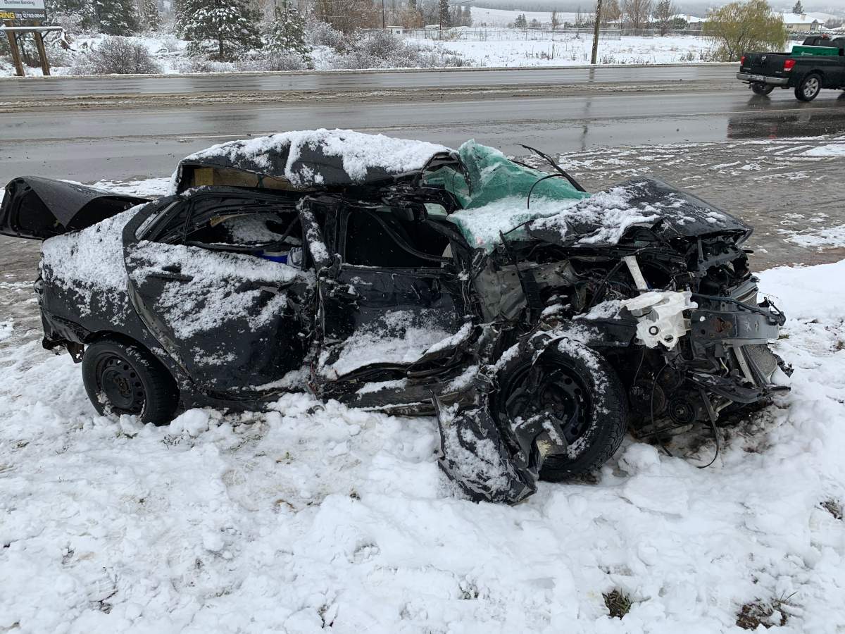 The serious crash north of Kelowna’s airport involved this black Toyota.