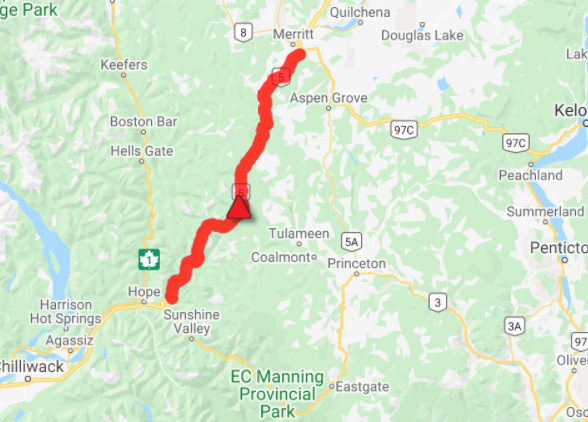 A stretch of more than 100 kilometres of highway is closed in both directions between Hope and Merritt. 