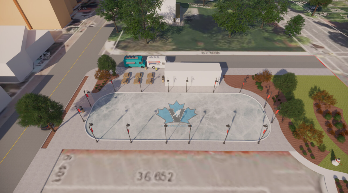 A new outdoor public skating rink in downtown Penticton will not open until winter 2021. 