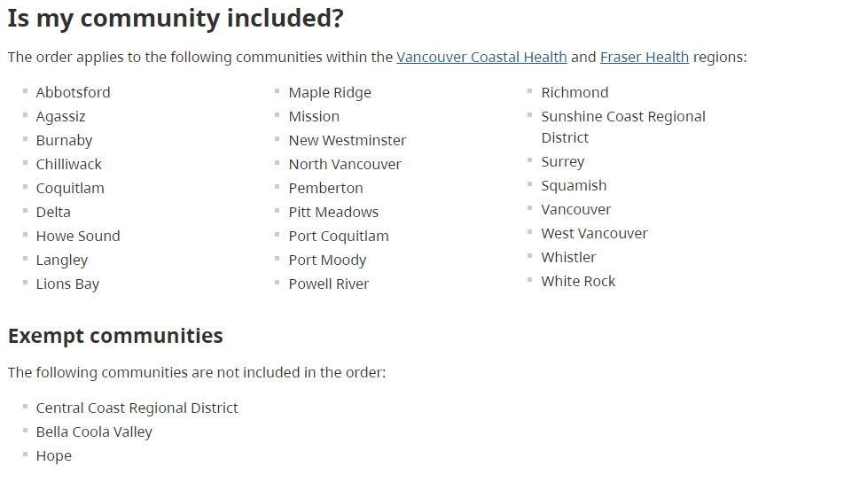 Communities covered by the new COVID-19 order.