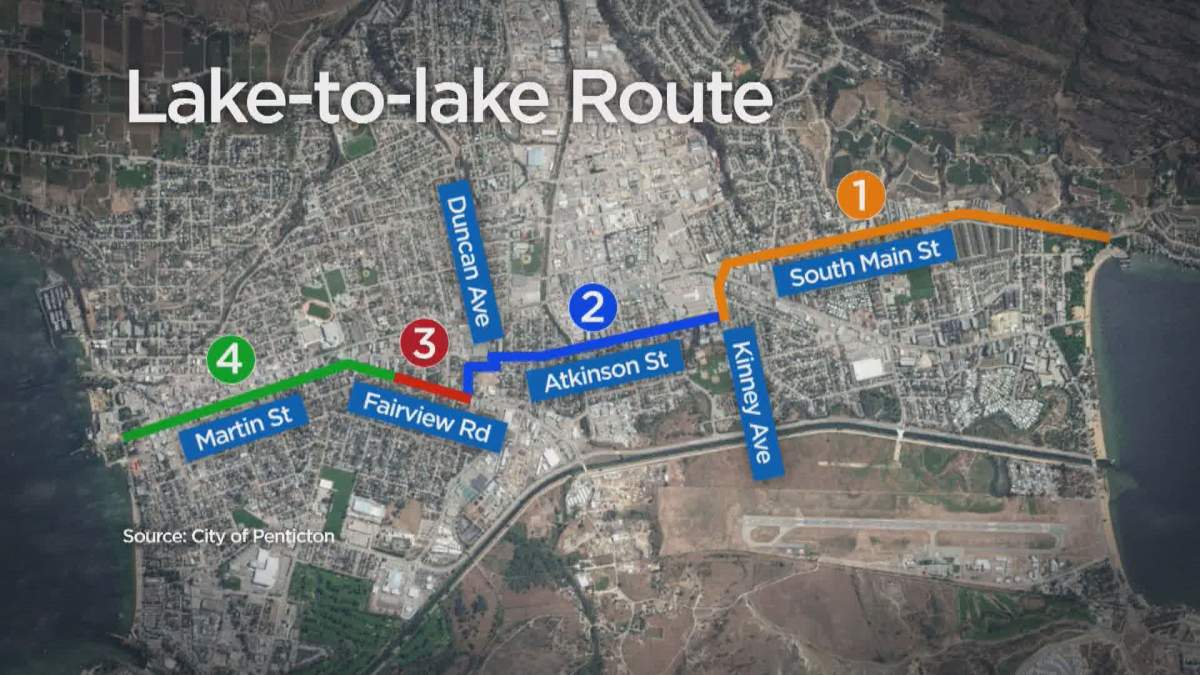 The preferred route for the lake-to-lake cycling corridor.
