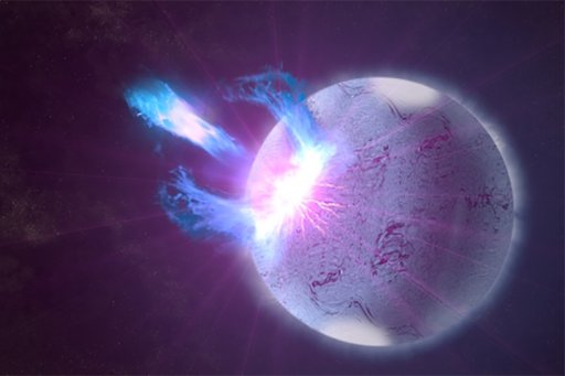 A rupture in the crust of a highly magnetized neutron star, shown here in an artist’s rendering, can trigger high-energy eruptions.