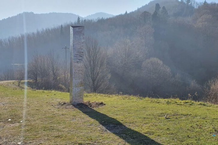 A metal monolith is shown near Piatra Neamt, Romania, in this Nov. 27, 2020, photo.