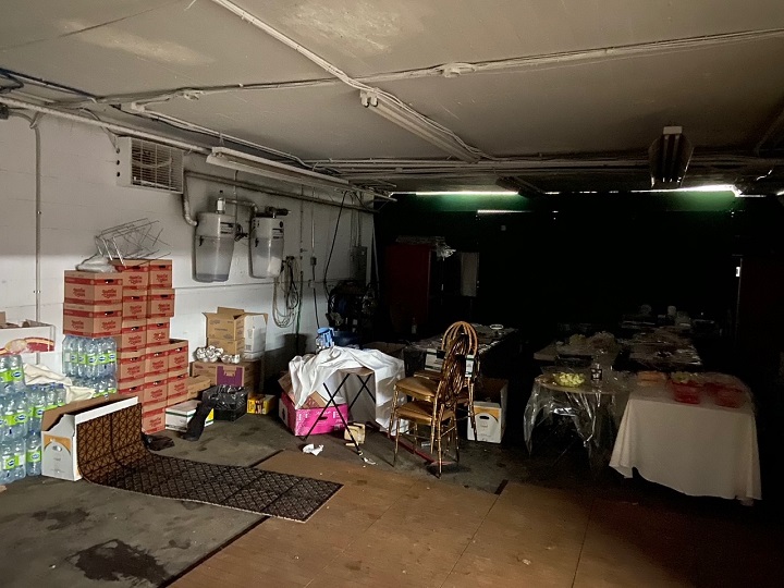 Supplies for a party can be seen in an underground parking garage in Côte-des-Neiges. Friday, Nov. 6, 2020.