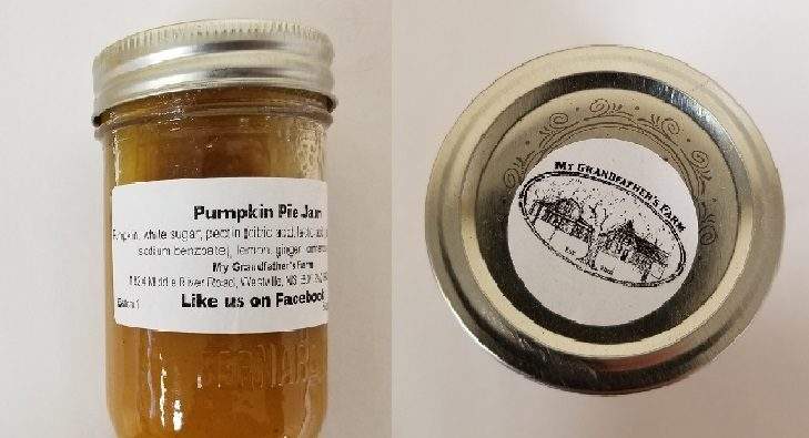 My Grandfather's Farm brand Pumpkin Pie Jam is being recalled in Nova Scotia because it may permit the growth of  a toxic bacteria. 