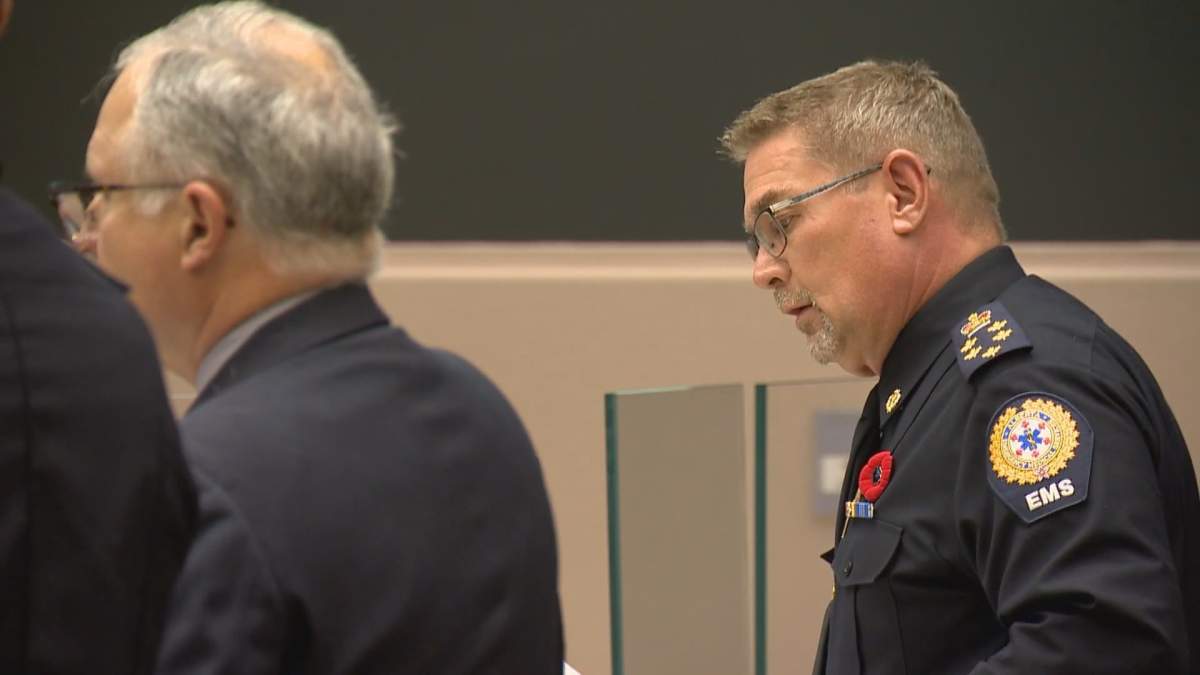 Dr. Ted Braun (L) and Darren Sandbeck (R) present information about the EMS dispatch consolidation to Calgary City Council on Nov. 2, 2020.