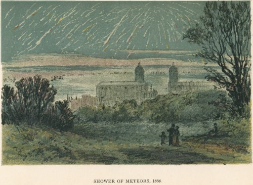 Shower of meteors (Leonids) observed over Greenwich, London, 1866 (1884). From Sun, Moon and Stars by Agnes Giberne.