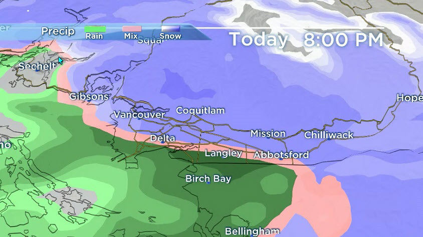 The lavender area is moisture expected to fall as snow, while green shows rainfall expected. Courtesy: Global News SkyTracker.