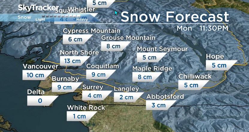 Computer model forecast of snowfall amounts at higher elevations. Courtesy: Global News SkyTracker