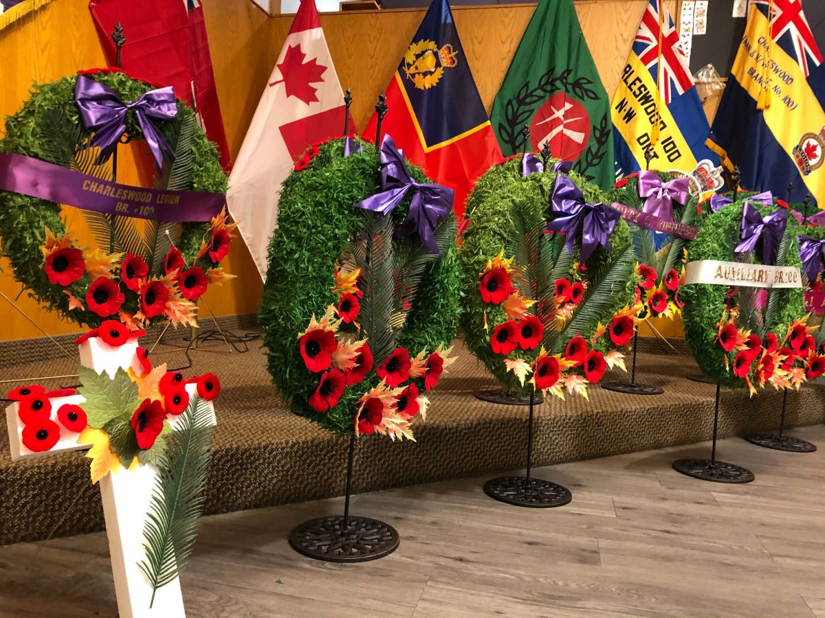 Remembrance Day wreaths at the Charleswood Legion.