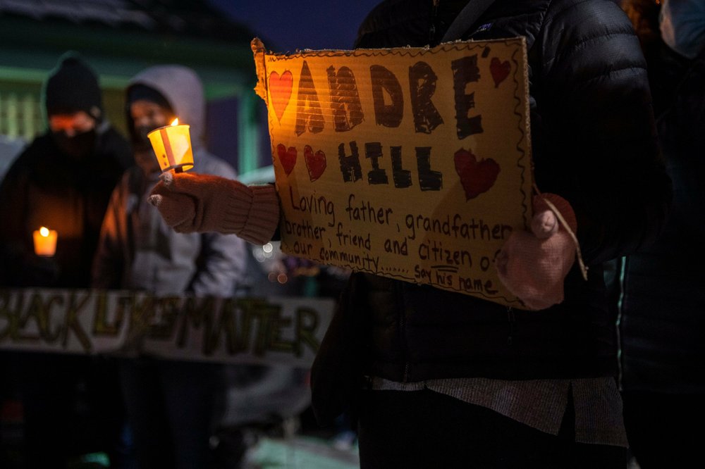 A vigil is held for Andre' Hill at the Brentnell Community Recreation Center on Columbus. Ohio, Saturday, Dec. 26, 2020. The police chief of Columbus, Ohio, recommended on Thursday, Dec. 24, 2020, that the officer who shot and killed Hill, a 47-year-old Black man, earlier this week be fired. 