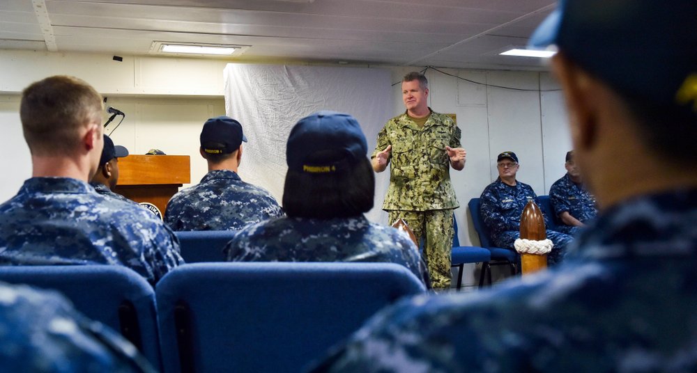 In this photo released by the U.S. Navy, Vice Adm. Sam Paparo speaks to sailors about the amphibious assault ship USS Iwo Jima off Mayport, Florida, Sept. 20, 2017. Paparo, now the top U.S. Navy official in the Mideast, said Sunday, Dec. 6, 2020, that America has reached an "uneasy deterrence" with Iran after months of regional attacks and seizures at sea, even as tensions remain high between Washington and Tehran over the Islamic Republic's nuclear program. 