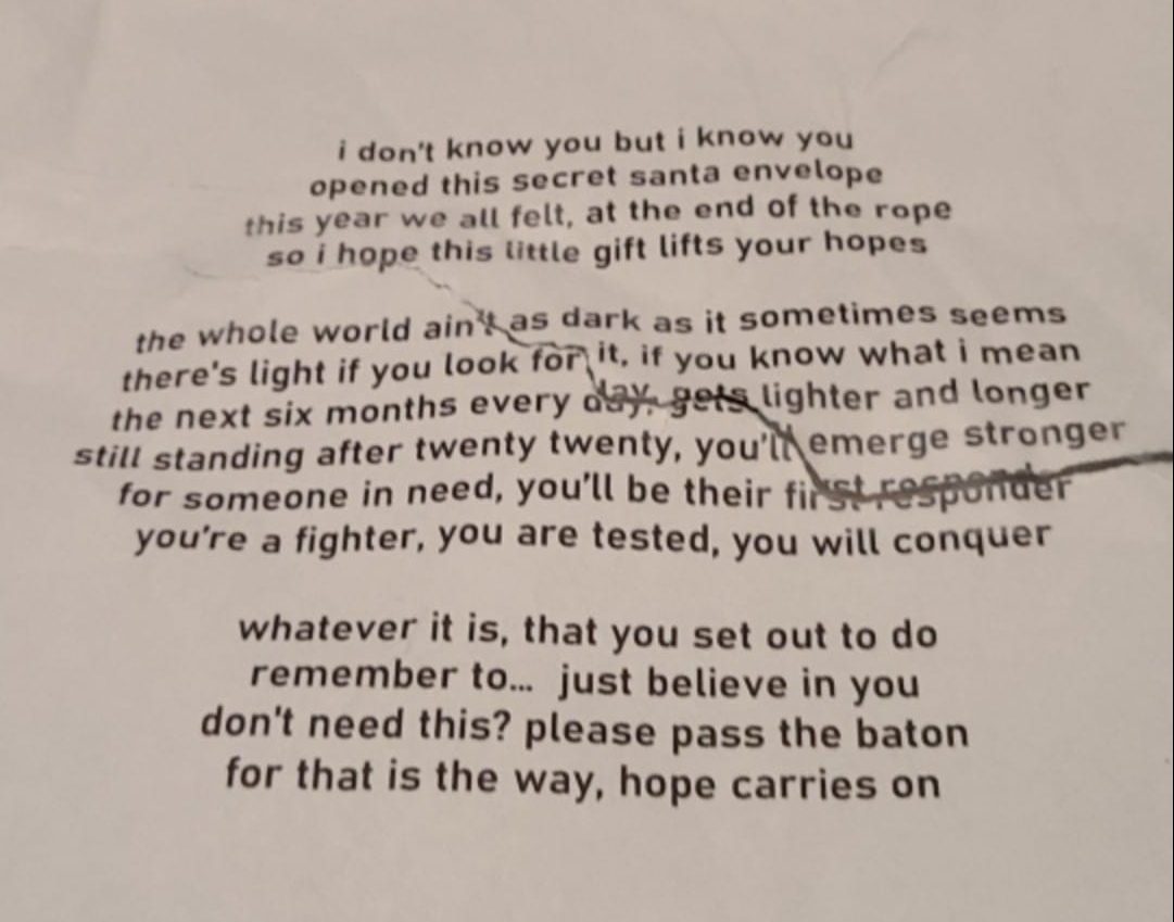 Letters and gift cards were left anonymously for residents of a west Edmonton apartment complex on Dec. 24, 2020.