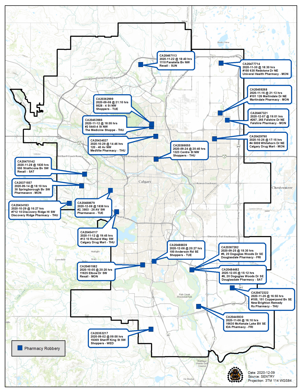 A map of the 21 pharmacy robberies across Calgary since Sept. 2020.
