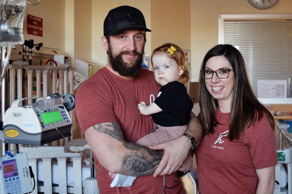 Harper Hanki with her dad John and mom Amanda. The Spruce Grove toddler has spinal muscular atrophy. Dec. 1, 2020.