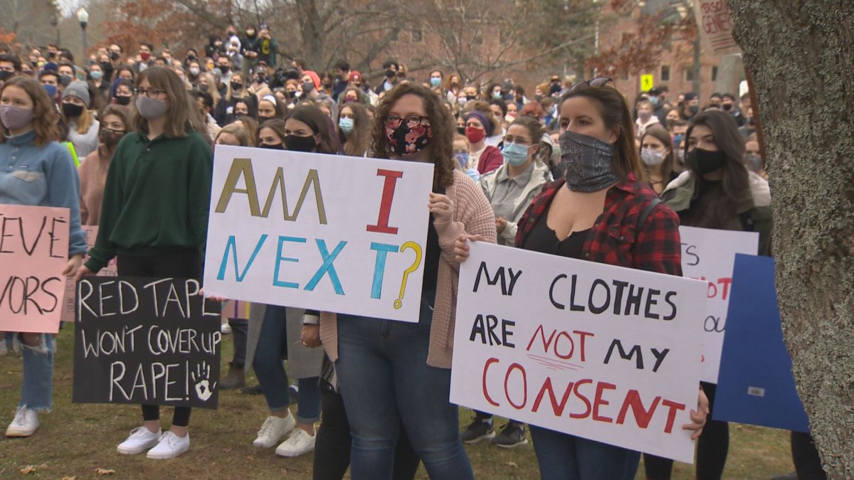 A photo from a protest on Mount Allison University in Sackville, N.B. that happened Nov. 12 in response to sexual violence and concerns about the institution's handling of sexual violence concerns.