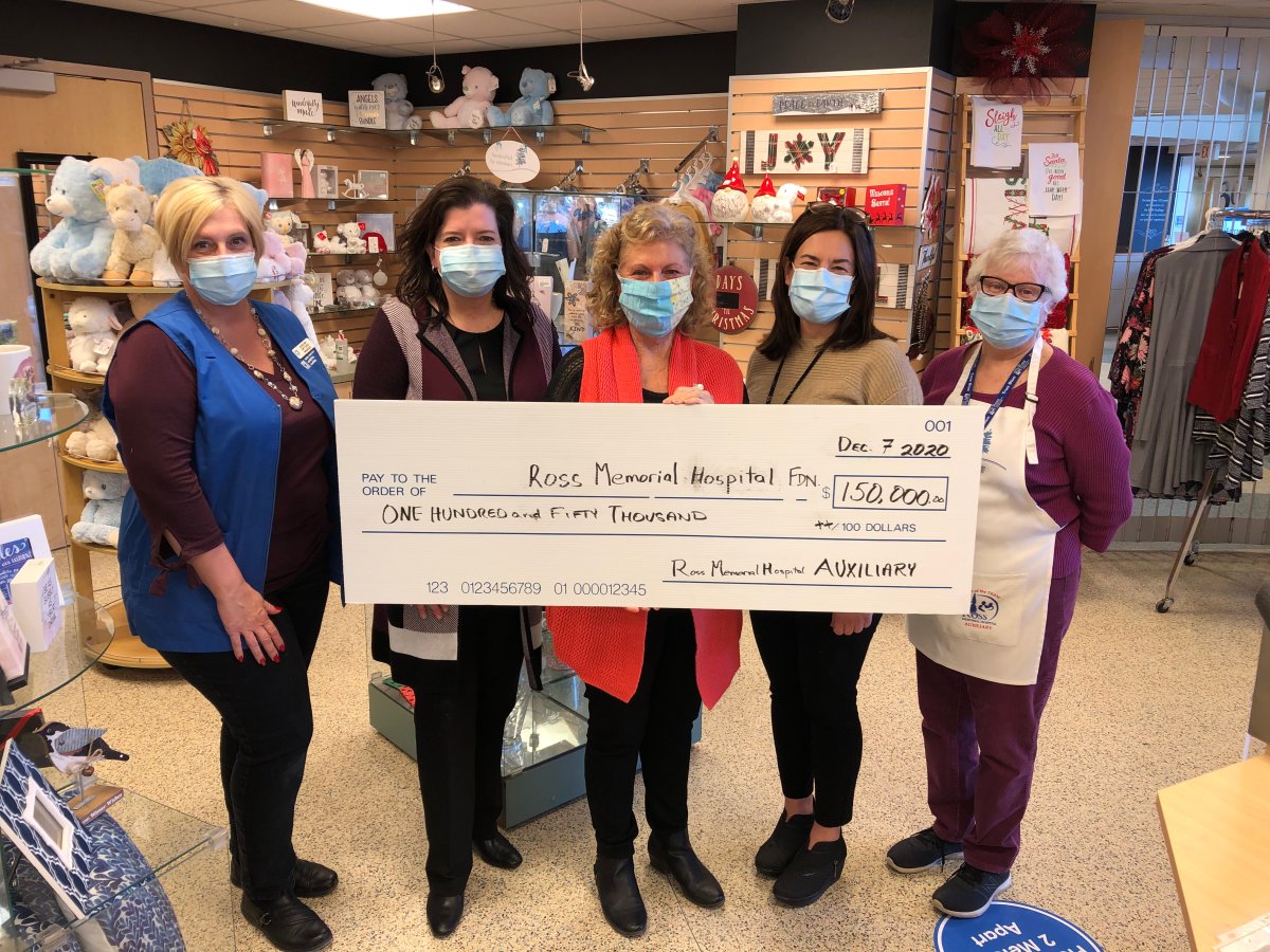 The Ross Memorial Hospital Auxiliary recently donated $150,000 to the Ross Memorial Hospital Foundation. Taking part were, from left, Shari Nash, Erin Coons, Anne Botond, Kelly Isfan, Carole Glass.