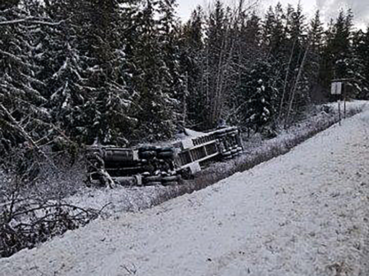 A photo of the semi carrying hospital beds on its side in a ditch along the Trans-Canada Highway near Sorrento in B.C.’s Southern Interior. Vidir Solutions says its beds were shipped back to its site north of Winnipeg for inspection following the Monday night crash.