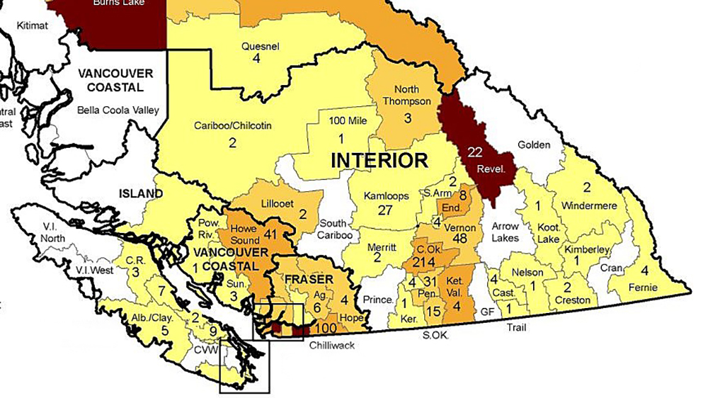 A map showing the number of cases per subregion within B.C. during the week of Dec. 20-26.