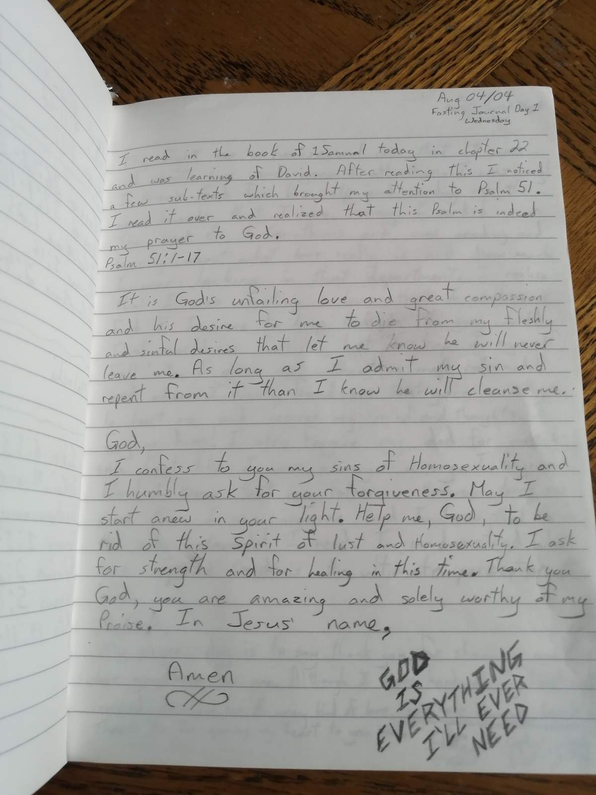 Ben Rodgers provided this image of a journal he says he wrote in 2005, while undergoing a dry-fasting at Third Day Worship Centre.