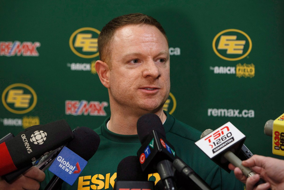 Edmonton Eskimos General Manager Brock Sunderland speaks about the year after being eliminated from the Western Finals by the Calgary Stampeders, in Edmonton, Alta., on Tuesday November 21, 2017.
