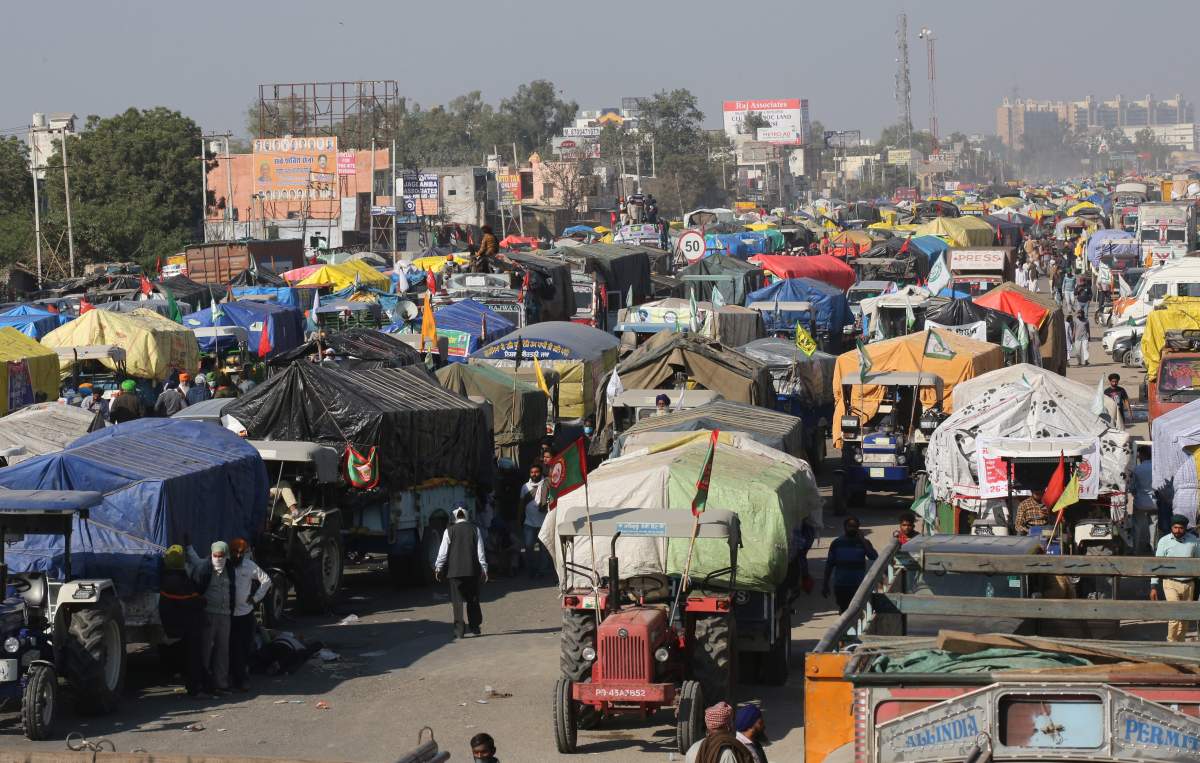 A general view of trucks and tractors of protesting farmers are seen as police try to stop farmers from entering in Delhi to protest against new farm laws, at the New Delhi, Haryana Sindhu border, India, Nov. 27, 2020.