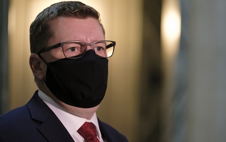 Premier Scott Moe speaks to media after the Throne Speech at the Legislative Building in Regina on Monday Nov. 30, 2020. 