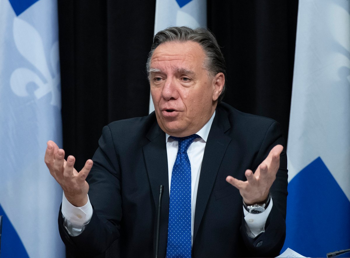 Quebec Premier Francois Legault speaks during a news conference marking the end of the fall session ad the COVID-19 pandemic report, Friday, December 11, 2020 at the legislature in Quebec City. 