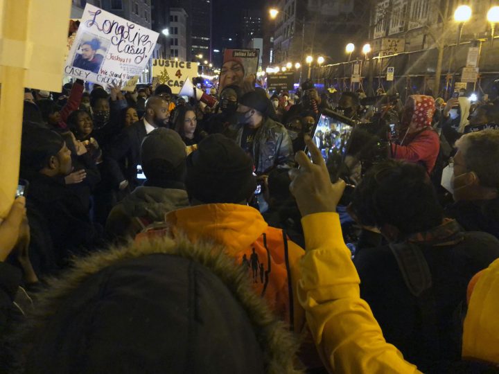Tamala Payne, center, addresses hundreds of marchers protesting the Dec. 4 fatal shooting of Payne's son, Casey Goodson Jr., who was Black, by a white Ohio sheriff's deputy, on Friday, Dec. 11, 2020, in Columbus, Ohio. Protests were planned Friday and Saturday over the death of Goodson. Columbus police and the U.S. Justice Department are investigating the shooting. 