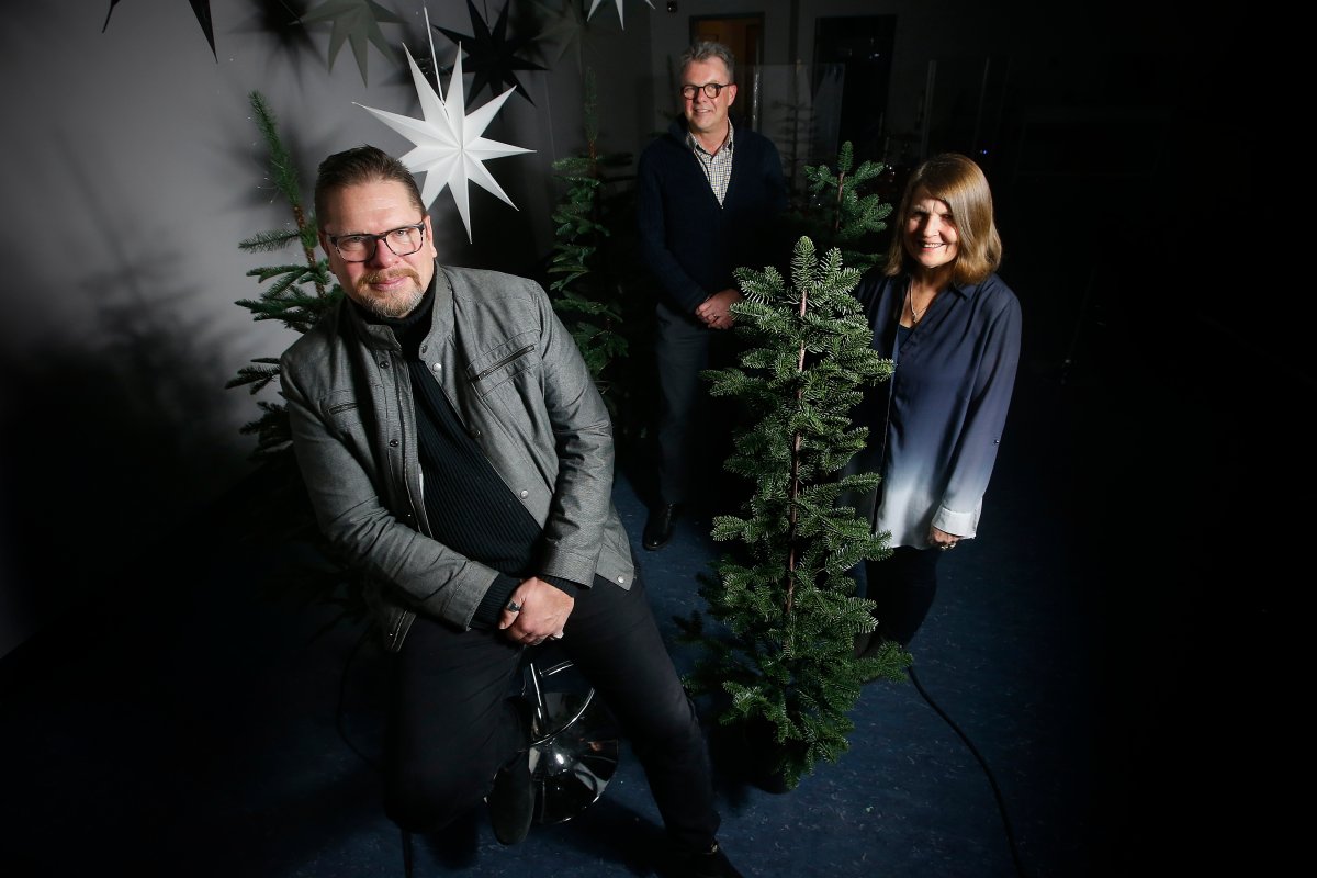 Rev. Gerry Michalski at Soul Sanctuary, left, in Winnipeg is photographed with Julia and Kevin Garratt prior to their recording of their Blue Christmas service Saturday, December 12, 2020. 