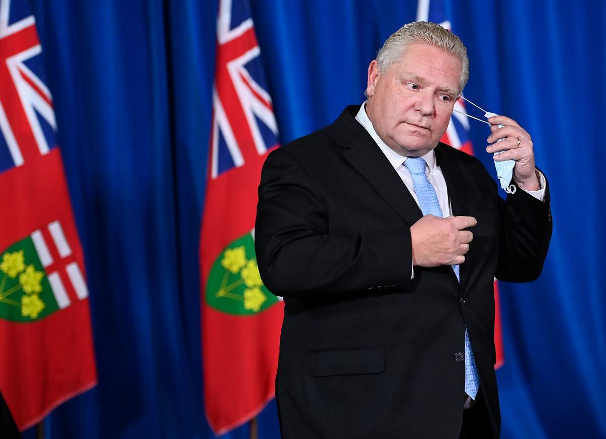 Ontario Premier Doug Ford holds a press conference at Queen's Park during the COVID-19 pandemic in Toronto on Monday, Dec. 21, 2020. 