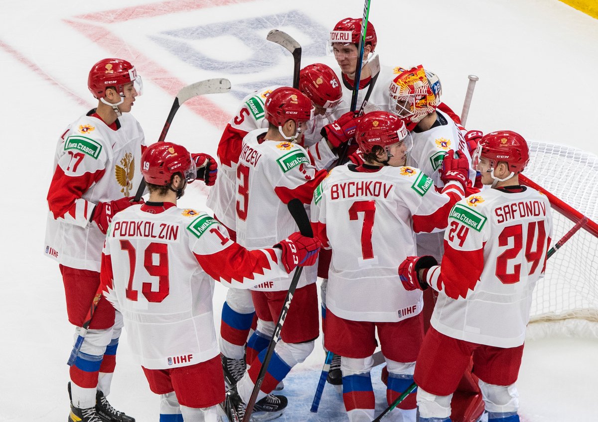 Russia celebrates the win over Austria during IIHF World Junior Hockey Championship action in Edmonton on Tuesday, December 29, 2020. 