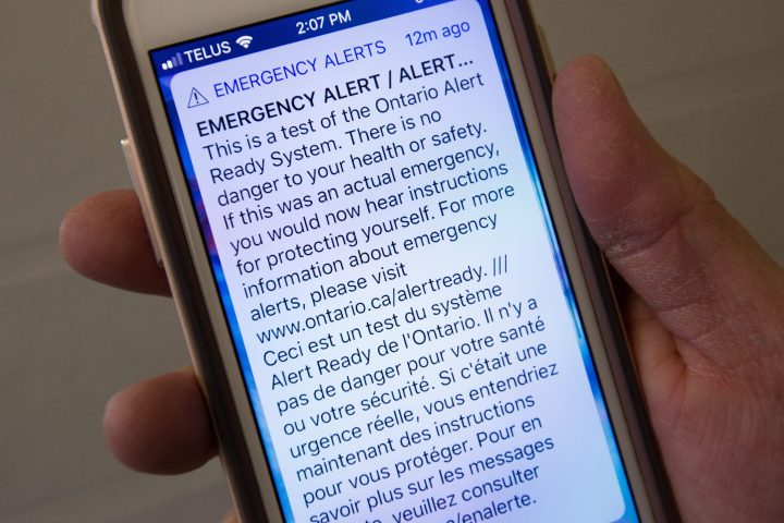 Emergency alert ready systems test on a smart phone in Kingston, Ontario, on Wednesday, Nov., 28, 2018. 